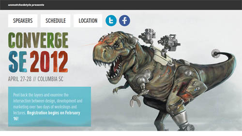The Converge conference's cyborg T-rex styled homepage
