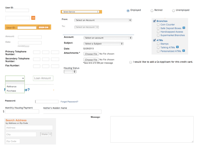 An example of various form elements captured in an interface inventory for a major bank's website.