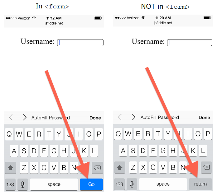 This image shows two input elements, one in a form and one not. The one in the form has a Go button that submits the form, and the one not in the form has a Return button that does not submit the form.