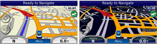 The day and night interfaces in the GARMIN Zumo 660 adapt the interface color so the user isn't blinded with a bright light.