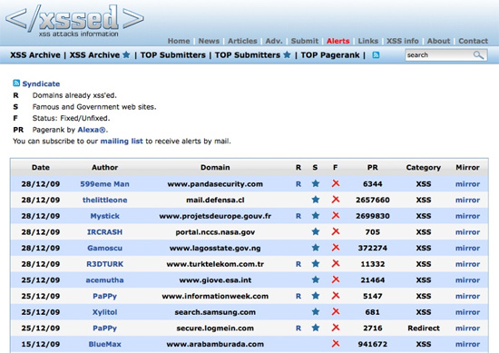 XSSed.org lists cross-site-scripting vulnaribilities.