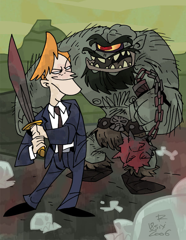 Cartoon Conan with a sword and and green monster