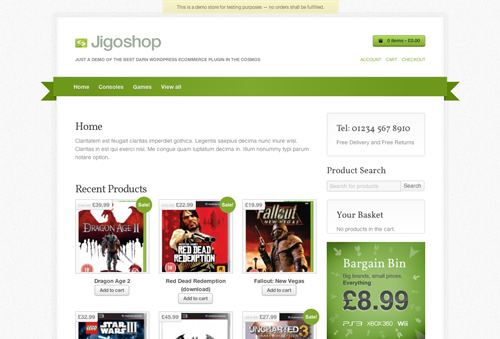 Jigoshop on the desktop uses a white background with dark grey text, green details, product images in a grid and a sidebar to the right.