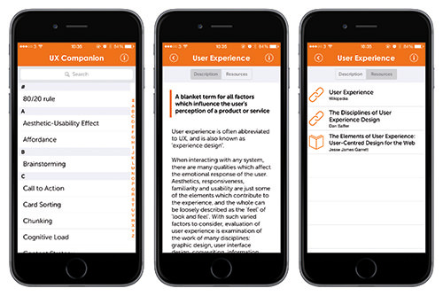 The final pages of UX Companion, including the dictionary-style list of terms, a full article and external resources