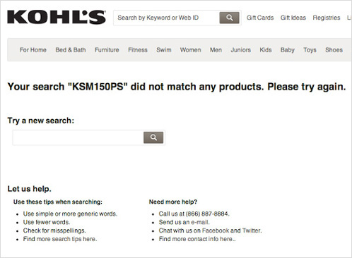 Kohl's search yeild 0 results for a valid product number