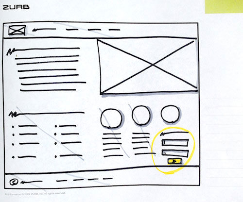 A sketch with nonessential parts marked out. Notice the call to action occupied only a small corner of the desktop design.