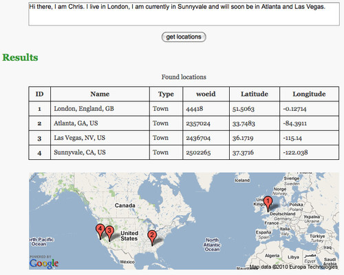 finding locations in a text and showing them on a map using Yahoo Placemaker