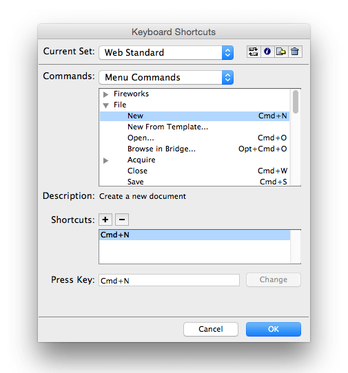 he dialog for customizing shortcuts in Fireworks