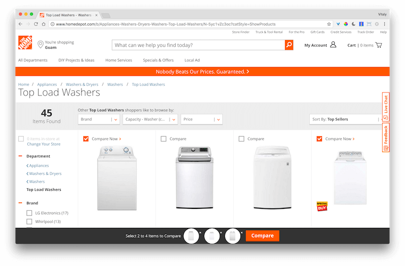 HomeDepot's feature comparison table, with grouped attributes.