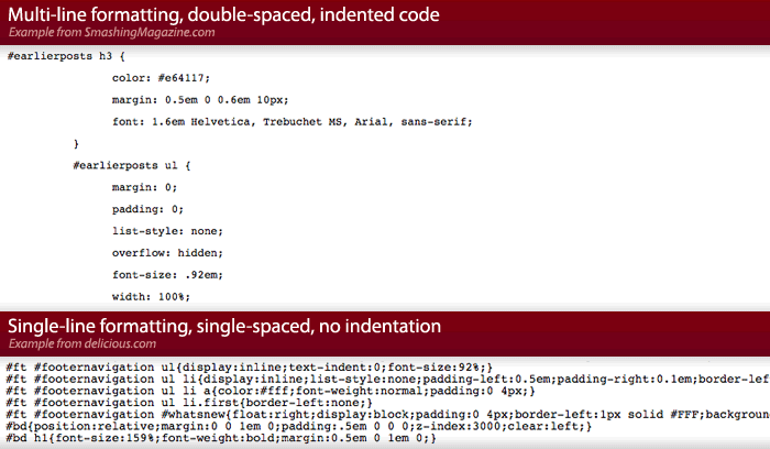 Illustration of two extremes in CSS formatting, one with lots of whitespace, one with little whitespace