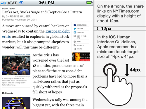 New York Times mobile touch targets