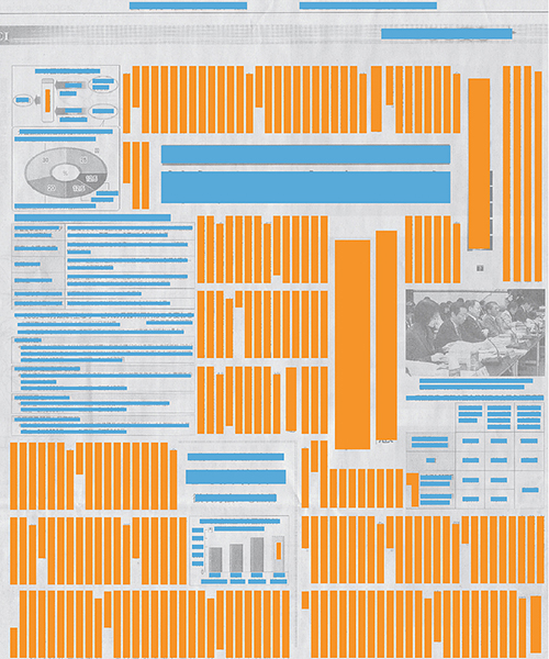 The same newspaper as above, but highlighting the vertical text (orange) and the horizontal text