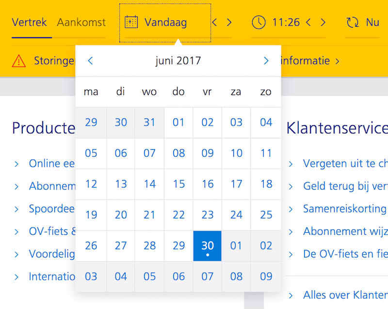 Ns.nl, a Dutch train tickets service, doesn’t include the year picker in the calendar overlay. Notice that the actual date isn’t displayed — instead a working day (Monday/Tuesday/etc.) is displayed. It also includes a mini-stepper for days, months and the time (5min jumps). 