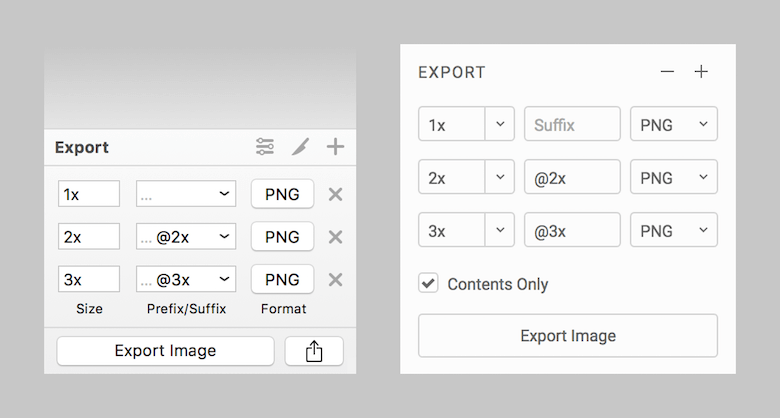 The export options are similar in appearance, but Sketch offers more options. Left: Sketch, right: Figma.
