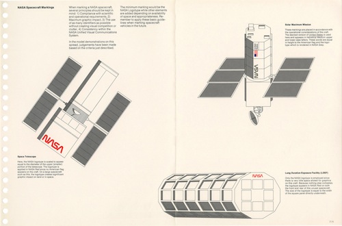 A page from the NASA Graphics Manual depicting logo placement on a satellite.