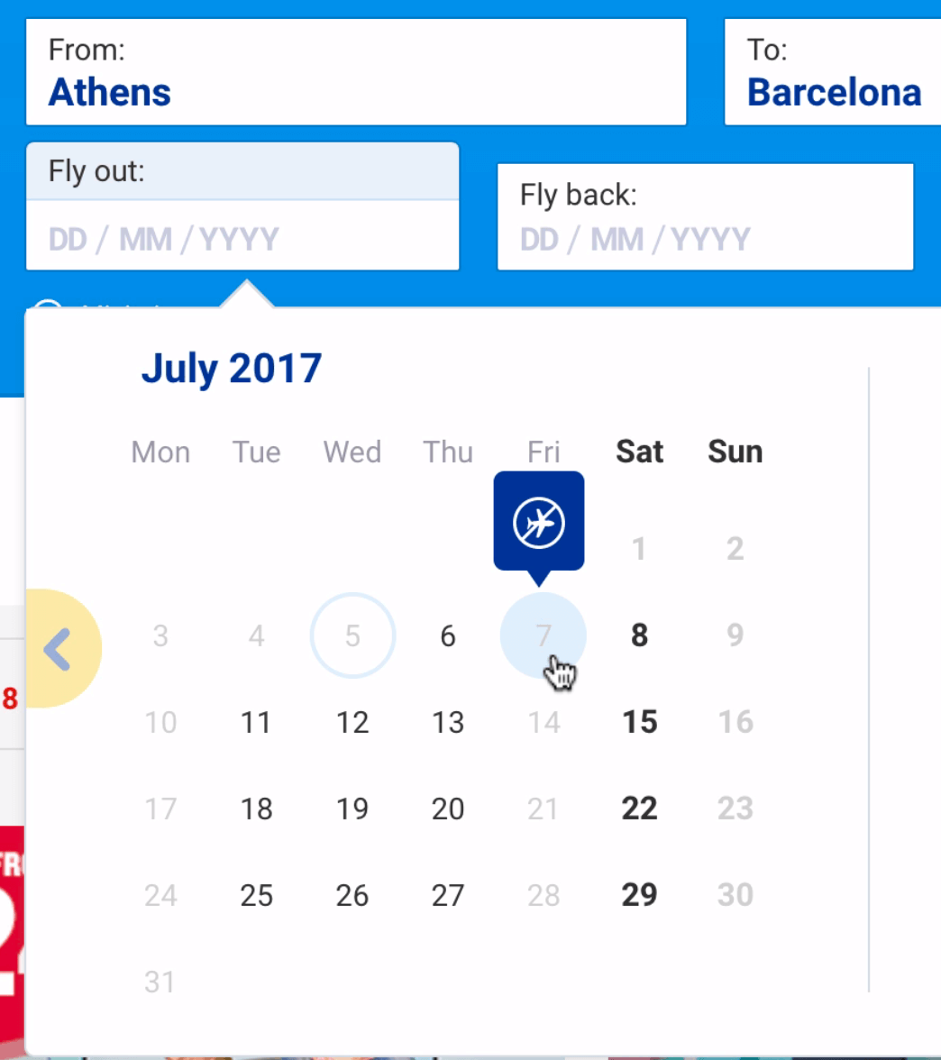 Ryanair Date picker displays unavailable slots