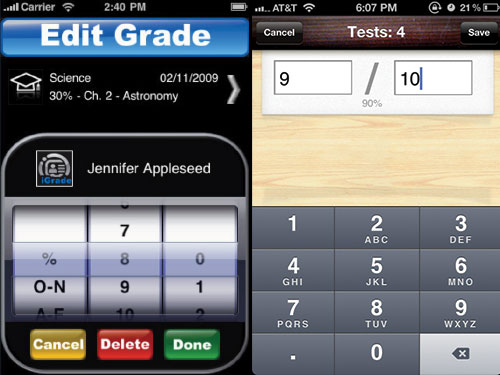 In an attempt to look unique, the grade input interface on the left neglects basic navigation conventions. A similar screen from my app, Grades, applies a unique skin to familiar iOS interface conventions.