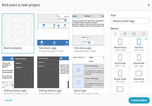 On the new project screen you just have to name your prototype and select the device you want to target, in this case an iPhone 6.