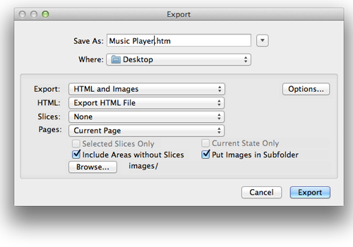 The Export Dialog in Fireworks