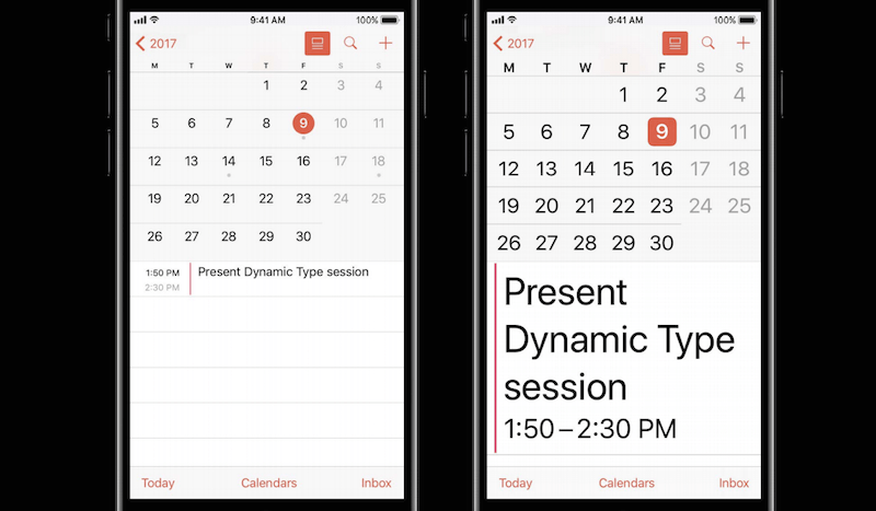 Two views of a calendar app, one with Dynamic Type enabled.