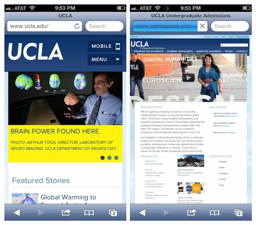 UCLA’s responsive home page and non-responsive admissions page