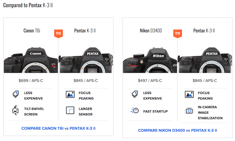 Professional digital camera feature comparison on Imaging-Resource, secondary view
