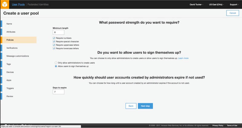 Step 3 in User Pool Creation