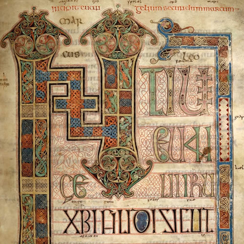Illuminated (lavishly decorated) lettering in the Lindisfarne Gospels, from the Gospel of Mark.