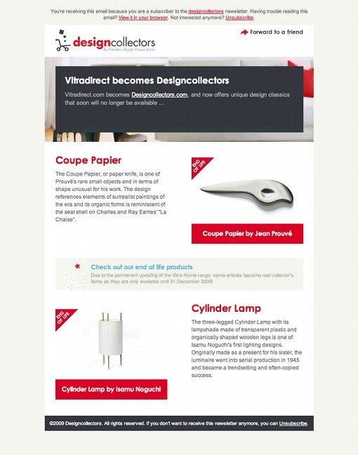 Screenshot of design collectors newsletter