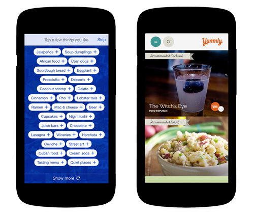 Foursquare's app (left) packs a lot of tappable items into a small space. Yummly's app (right) uses distinct interface edges to define button tap targets and to visually separate the masthead region from the content area and to distinguish between individual recipes