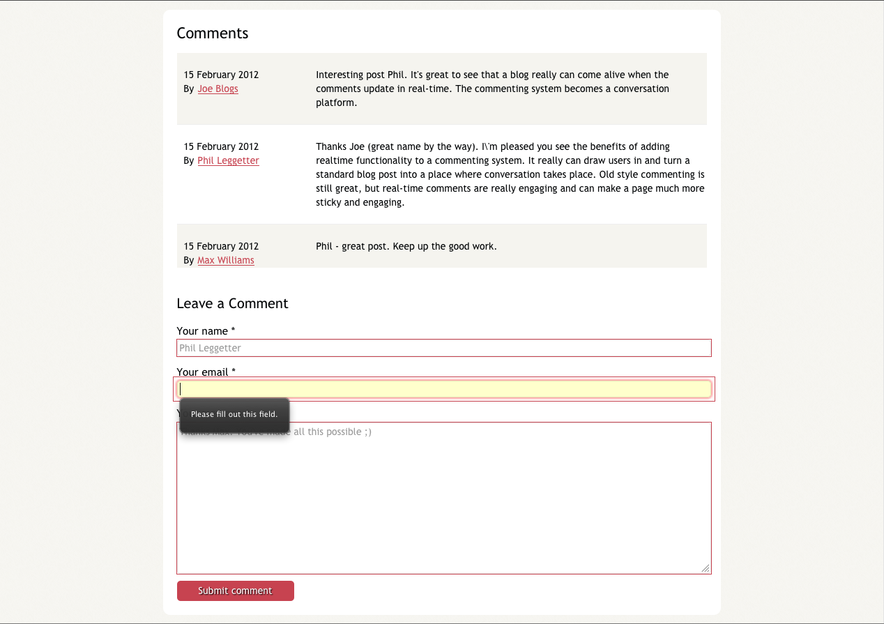Screenshot of the functioning blog commenting system