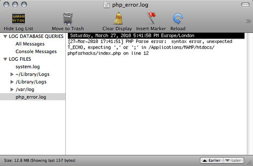The PHP error log as shown on a Mac