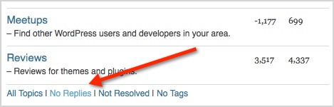 a screenshot of the no replies link at the bottom of the WordPress support forums landing page