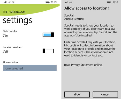Another example of providing options for location data in user settings.