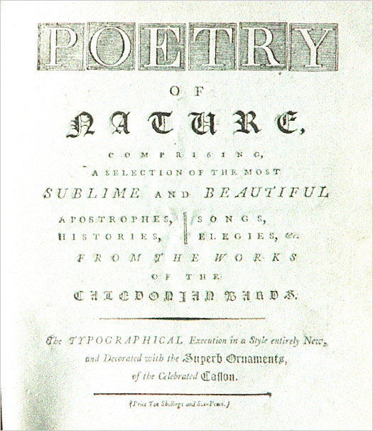 Title page for Poetry of Nature reveals the nature of the book - shown here, a mix of Roman and Blackletter.
