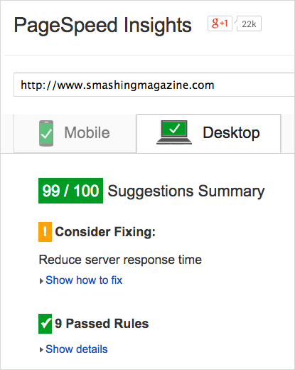 99 out of 100 points on desktop with the Google PageSpeed tool