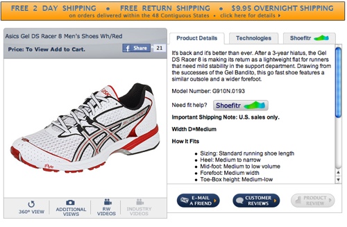 e-commerce product description on Runningwarehouse