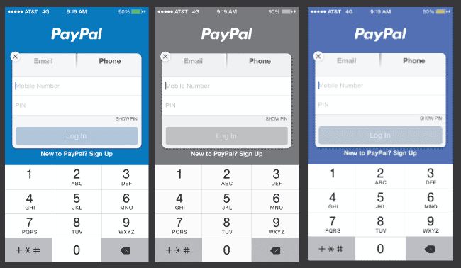 Mobile app form example: normal, grayscale and proof deuteranopia.