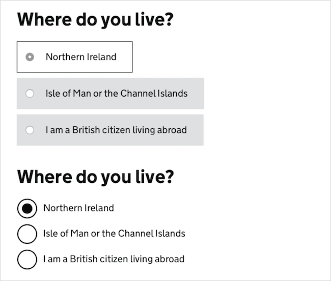 Gov.uk checkboxes before and after