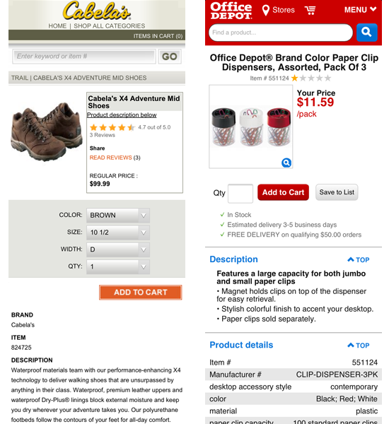 Cabela’s and Office Depot product pages