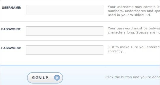 Wishlistr sign-up form