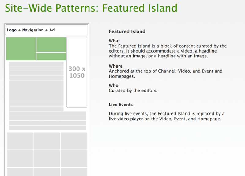 For the TechCrunch website redesign, Jennifer Brook defined site-wide, gestural display patterns, which don't make assumptions about aesthetics or functionality.