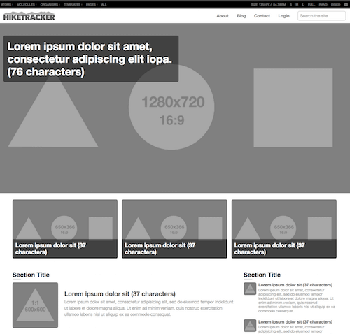 A homepage template rendered in Pattern Lab and stubbed out with default data defined in data.json.