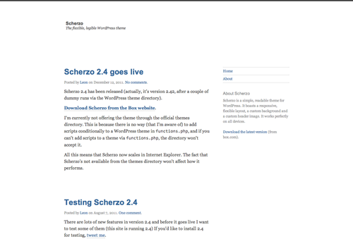 Scherzo on the desktop has a white background and dark grey text with blue headings, and a sidebar to the right.