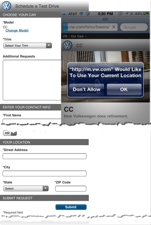 VolksWagon mobile site captures location, yet does not use it