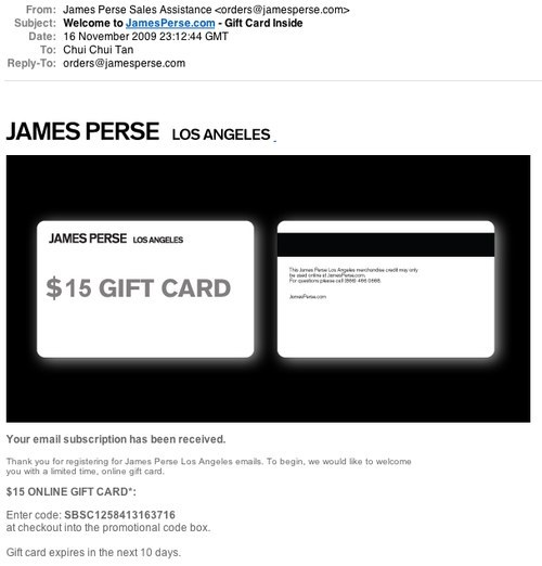 James Perse Subscription confirmation email