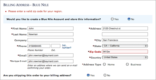 Form Field Validation Error Page at BlueNile.com