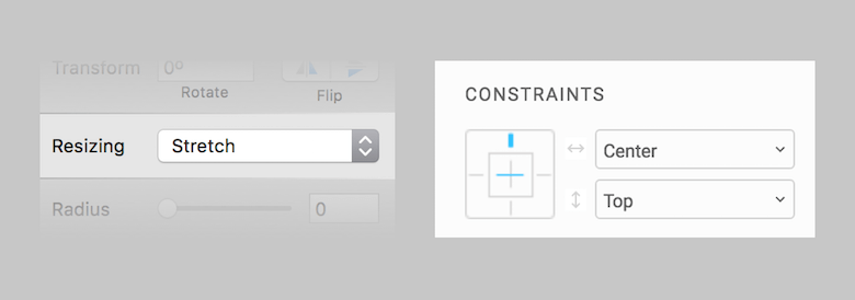 Left: Sketch's group-resizing feature is set in a single dropdown menu and takes some time to get used to. Right: Figma's constraints are much more visual.