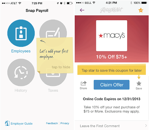 Contextual Tips in SnapPayroll and RetailMeNot