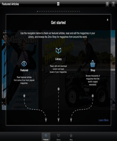 Zinio provides an overview of key features, using arrows to keep the app’s context visible